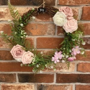 Wreath - Trio of white and pink rose flowers with fern 